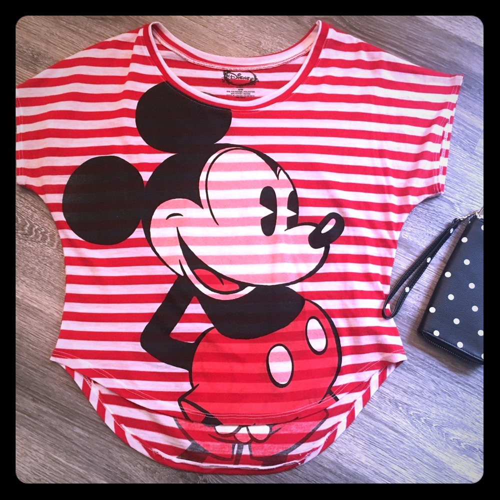 Juniors M red striped Mickey Mouse top